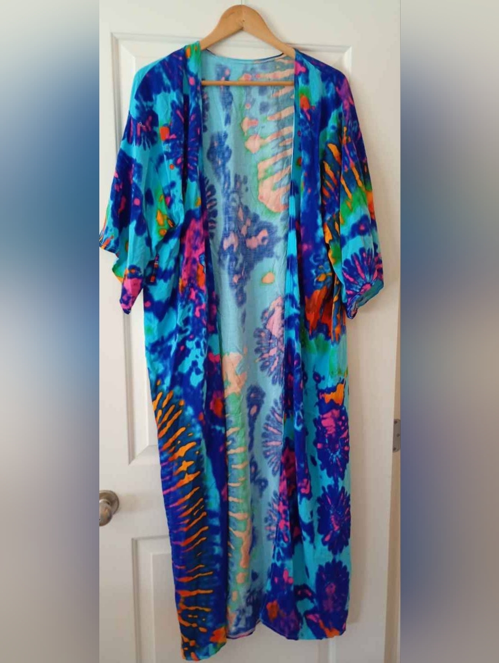 Vibrant Multicolour Tie-Dye Rayon Kimono Duster (OSFM)💙🩷🩵